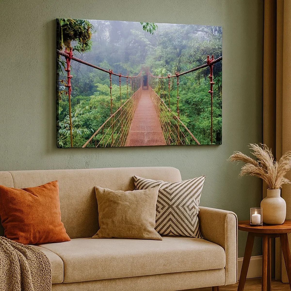 Obraz na plátne - Visutý most v tropickej džungli obklopený hmlou - 70x50cm - Zavesený nad korunami - Moderná nástenná dekorácia do obývacej izby a spálne ARTTOR