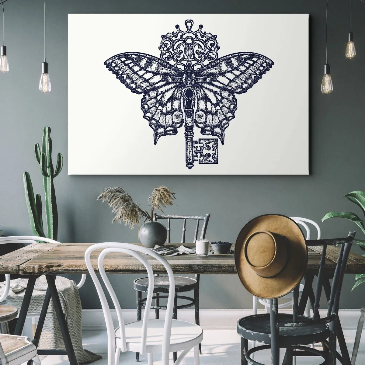 Obraz na plátne - Štýlový motýľ a grafika kľúčov v minimalistickom štýle - 70x50cm - Všetky tajomstvá srdca - Moderná nástenná dekorácia do obývacej izby a spálne ARTTOR