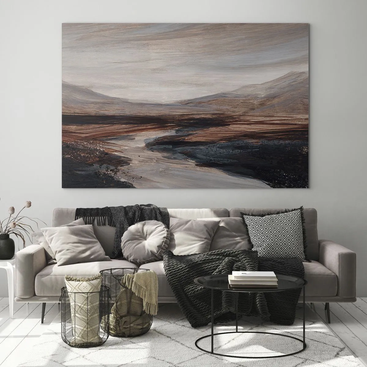 Obraz na skle - Malebné údolie s riekou v odtieňoch hnedej a modrej - 70x50cm - Pokojné údolie - Moderná nástenná dekorácia do obývacej izby a spálne ARTTOR