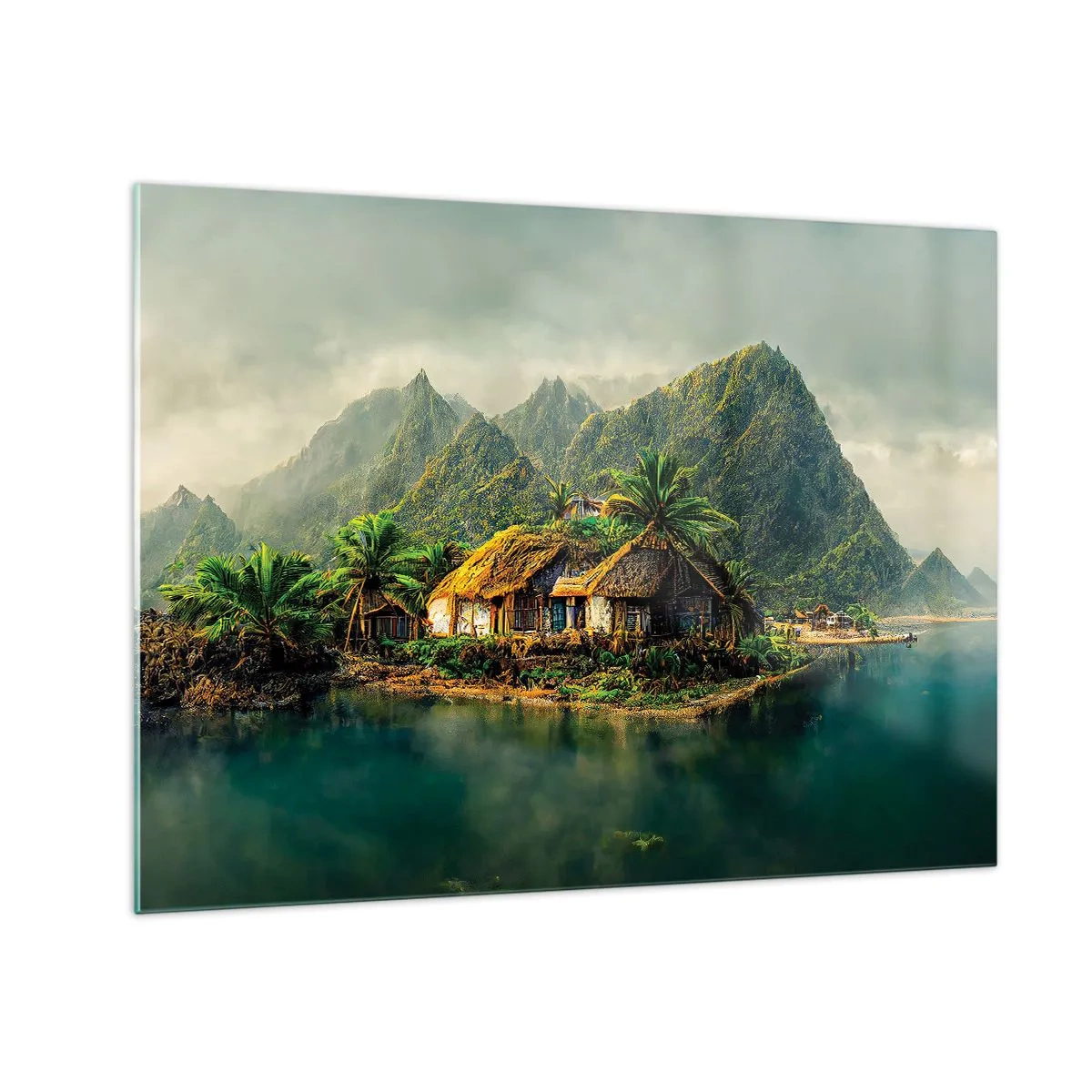 Obraz na skle - Tropická dedinka pri vode obklopená horami a palmami - 70x50cm - Tropický raj - Moderná nástenná dekorácia do obývacej izby a spálne ARTTOR