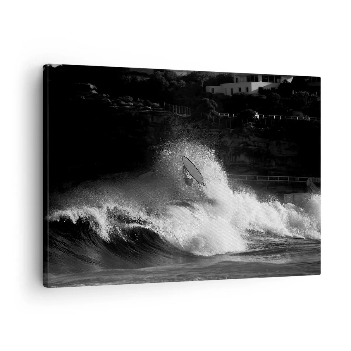 Obraz na plátne - Surfer jazdiaci na vlne v monochromatickom štýle - 70x50cm - Výzva prijatá! - Moderná nástenná dekorácia do obývacej izby a spálne ARTTOR