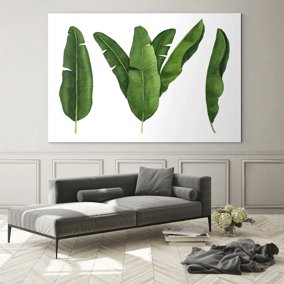 Obraz na skle - Štyri zelené banánové listy na bielom pozadí - 70x50cm - Zelená symetria - Moderná nástenná dekorácia do obývacej izby a spálne ARTTOR