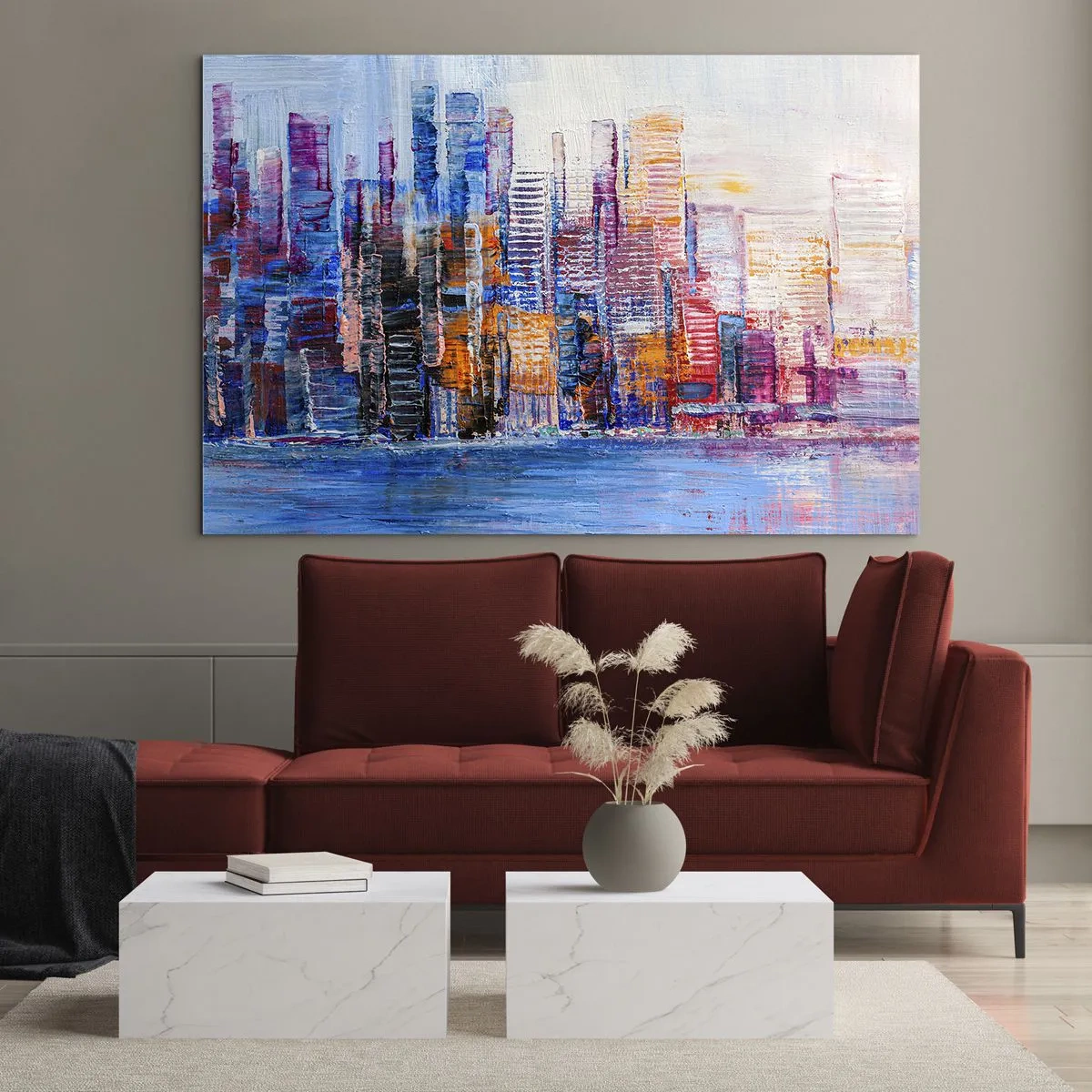 Obraz na skle - Farebná panoráma mesta maľovaná ťahmi štetca - 70x50cm - Radostná metropola - Moderná nástenná dekorácia do obývacej izby a spálne ARTTOR