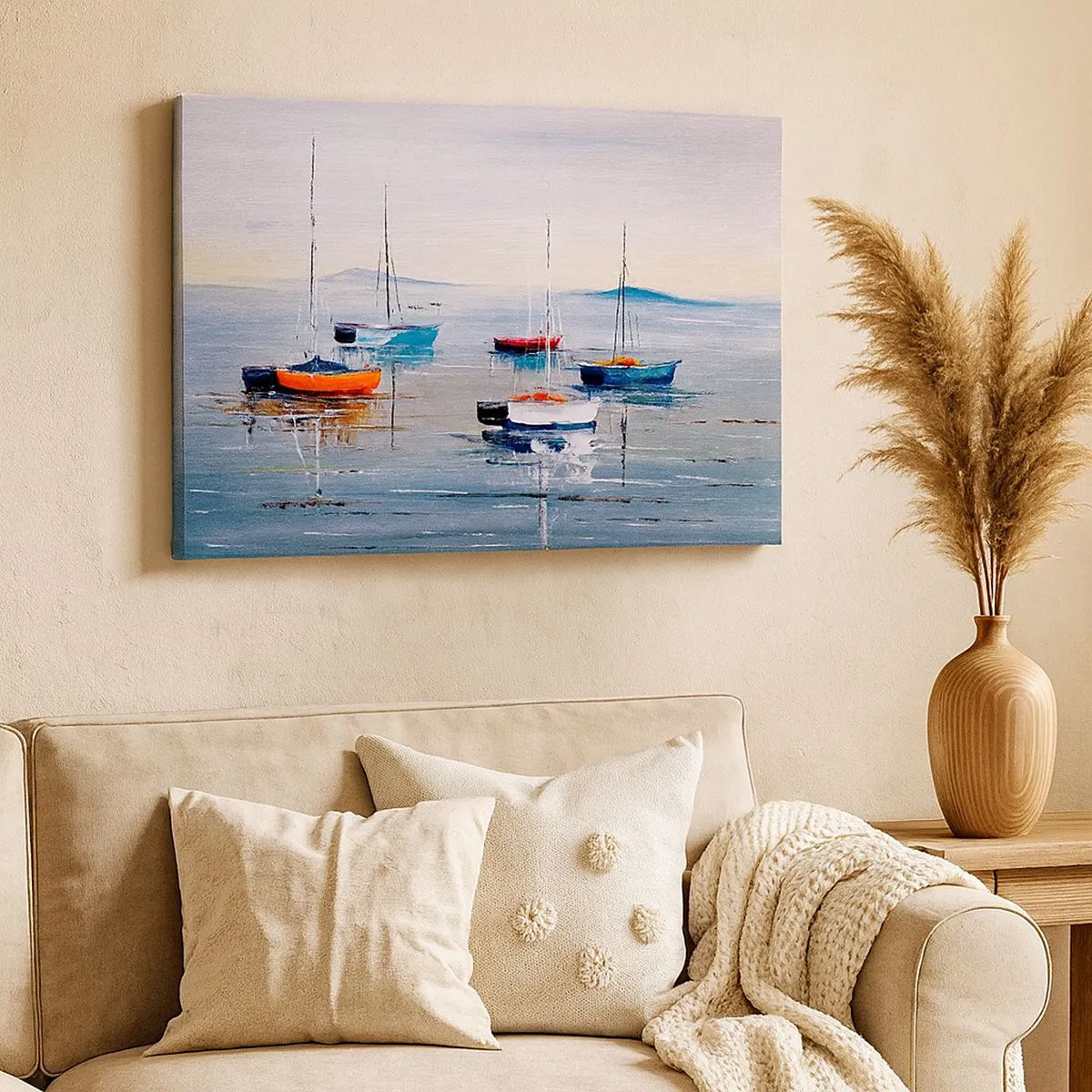 Obraz na plátne - Farebné lode na pokojnej vode - 70x50cm - Zaslúžený odpočinok - Moderná nástenná dekorácia do obývacej izby a spálne ARTTOR