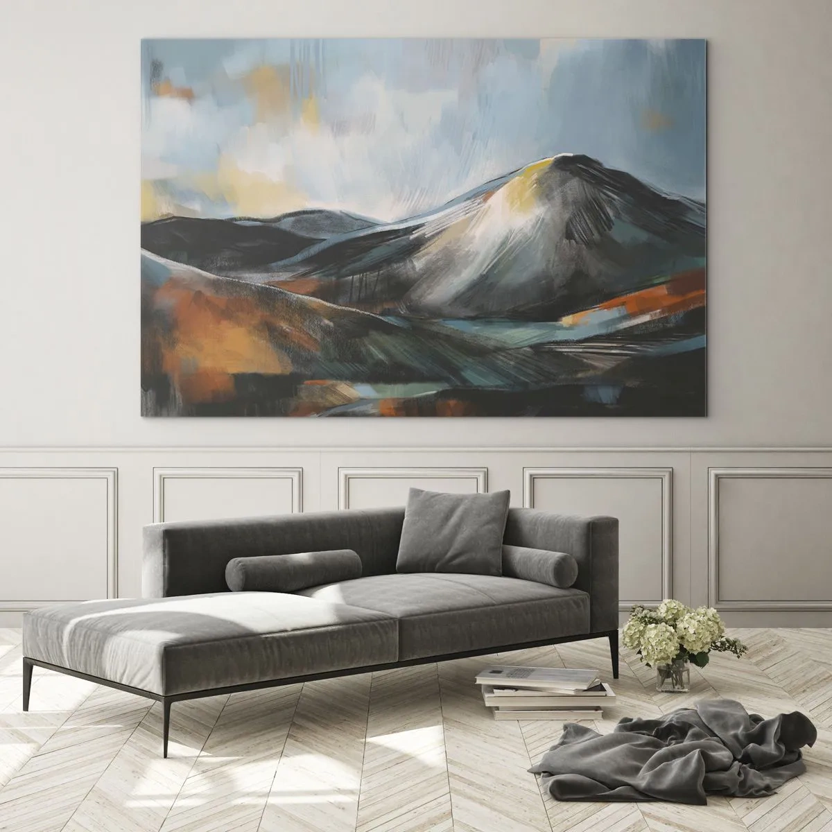 Obraz na skle - Maľovaná horská krajina v teplých a studených farbách - 70x50cm - Surové a krásne - Moderná nástenná dekorácia do obývacej izby a spálne ARTTOR