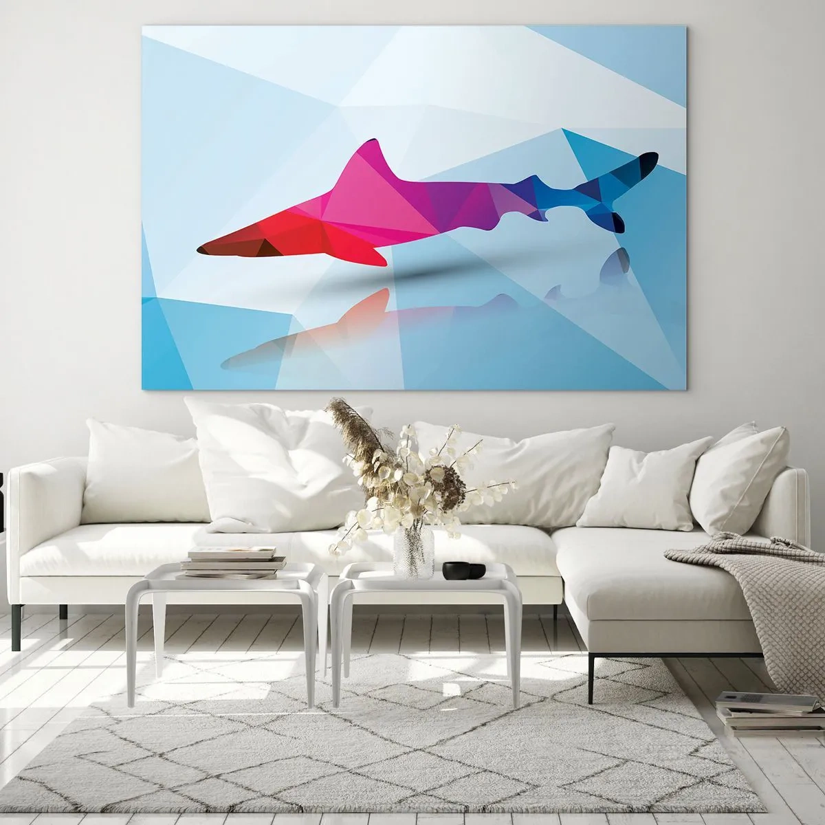 Obraz na skle - Geometrický žralok v odtieňoch červenej a modrej - 70x50cm - Žralok v kryštalickom priestore - Moderná nástenná dekorácia do obývacej izby a spálne ARTTOR