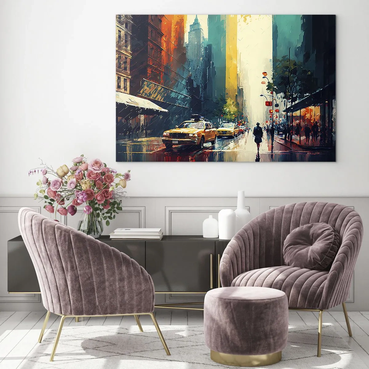 Obraz na skle - Farebné taxíky a mrakodrapy na mokrej mestskej ulici - 70x50cm - New York – tu je aj dážď farebný - Moderná nástenná dekorácia do obývacej izby a spálne ARTTOR