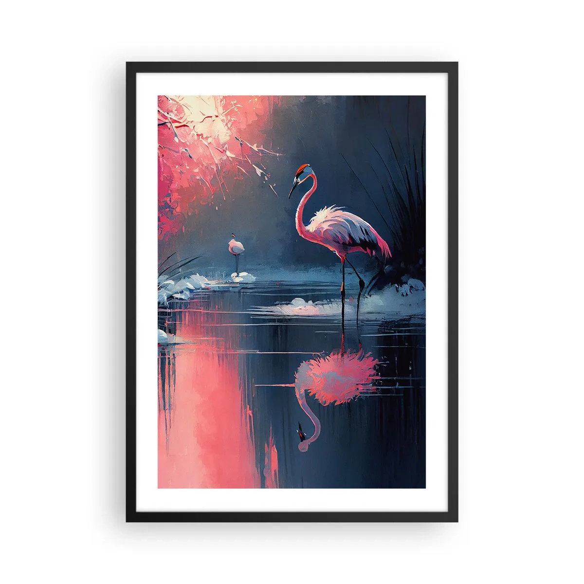 Plagát v čiernom ráme - Plameniaky na pokojnom jazere - 50x70cm - Vtáčie útočisko - Moderná nástenná dekorácia do obývacej izby a spálne ARTTOR