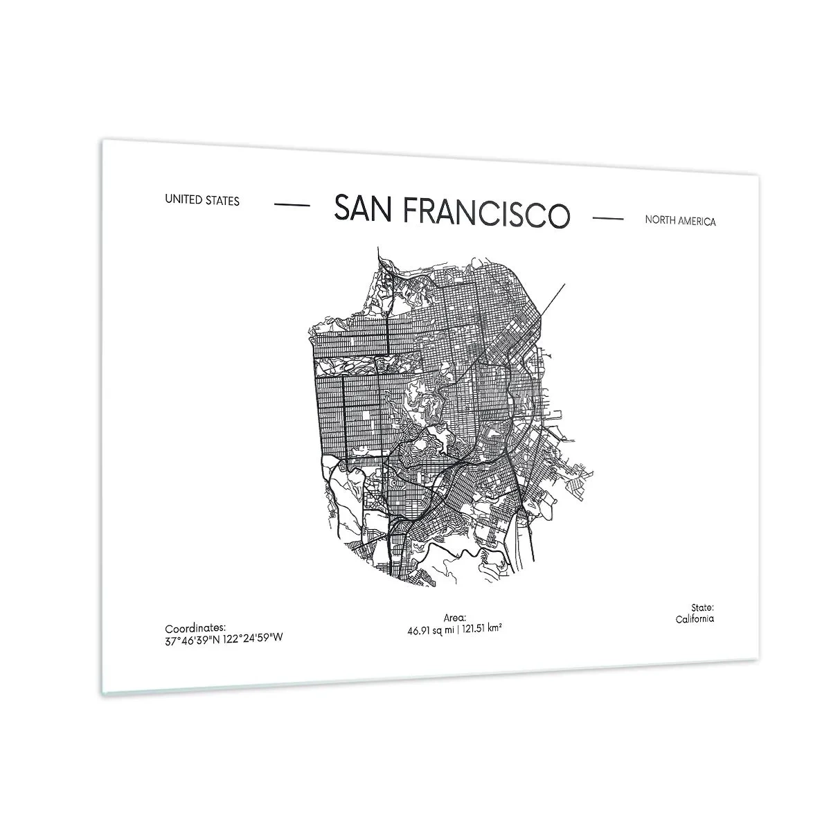 Obraz na skle - Minimalistická mapa ulíc San Francisca - 70x50cm - Anatómia San Francisca - Moderná nástenná dekorácia do obývacej izby a spálne ARTTOR