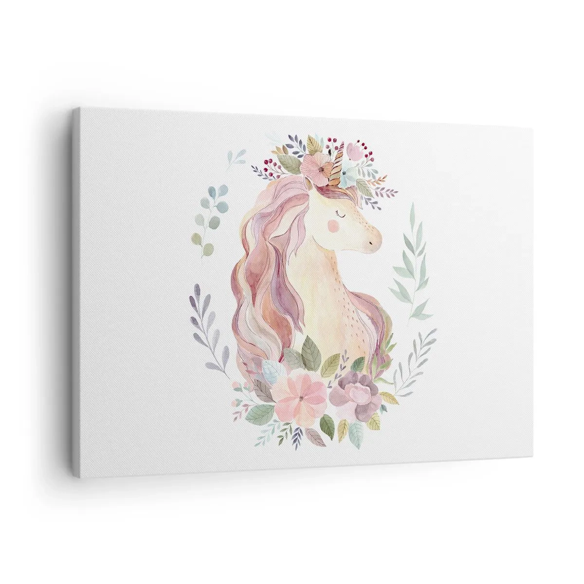 Obraz na plátne - Jednorožec v pastelových farbách obklopený kvetmi - 70x50cm - Pozvánka do ríše rozprávok - Moderná nástenná dekorácia do obývacej izby a spálne ARTTOR