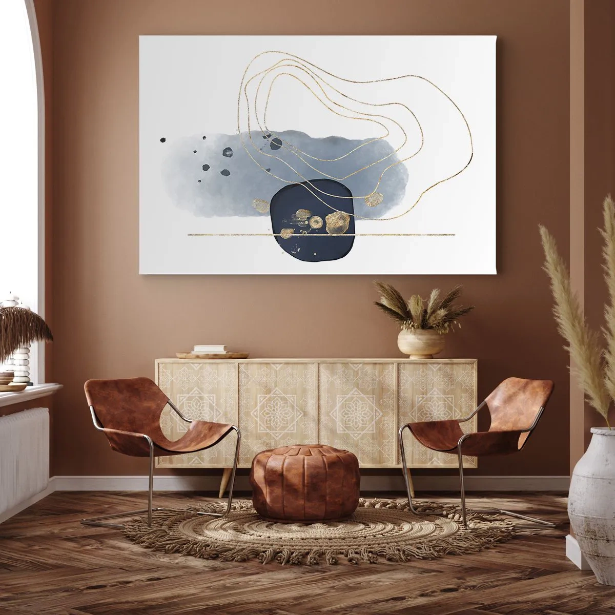 Obraz na plátne - Abstrakcia v odtieňoch modrej a zlatej - 70x50cm - Modro-zlatá fantázia - Moderná nástenná dekorácia do obývacej izby a spálne ARTTOR