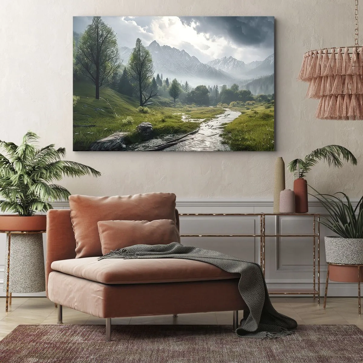 Obraz na plátne - Horská krajina s riekou a stromami obklopenými hmlistými horami - 70x50cm - Tam a späť - Moderná nástenná dekorácia do obývacej izby a spálne ARTTOR
