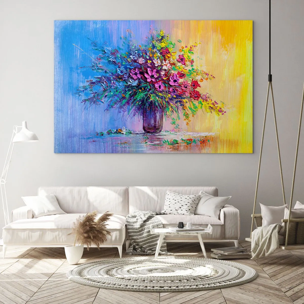 Obraz na skle - Farebná kytica kvetov vo váze na abstraktnom pozadí - 70x50cm - Dar letnej lúky - Moderná nástenná dekorácia do obývacej izby a spálne ARTTOR