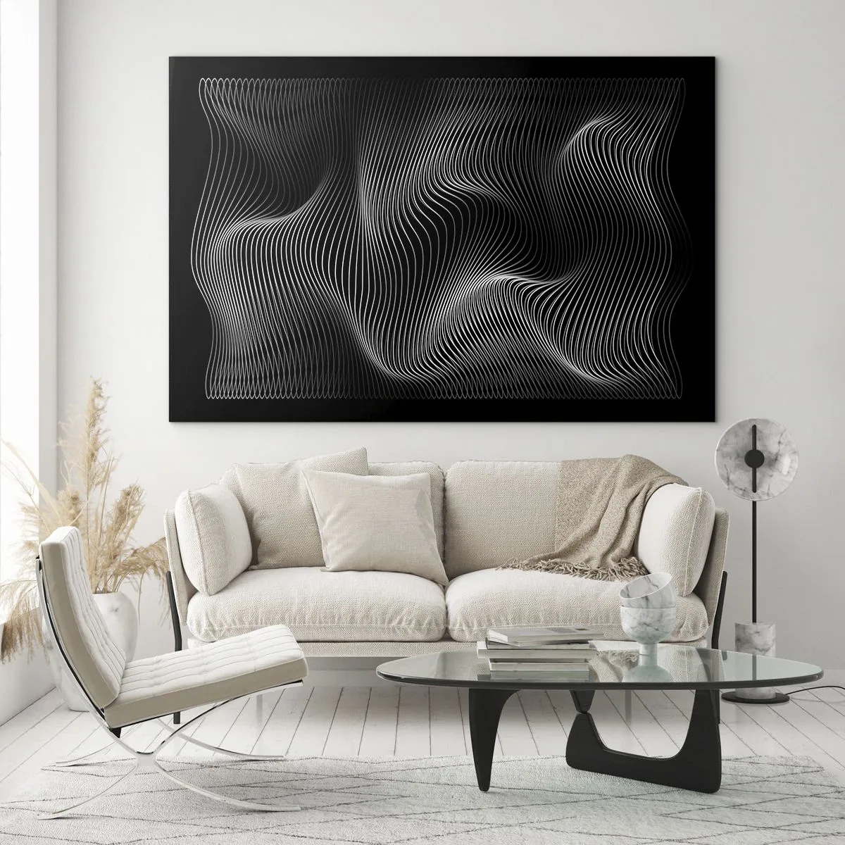 Obraz na skle - Hypnotizujúce biele čiary vlniace sa na čiernom pozadí - 70x50cm - Tanec svetla v priestore - Moderná nástenná dekorácia do obývacej izby a spálne ARTTOR