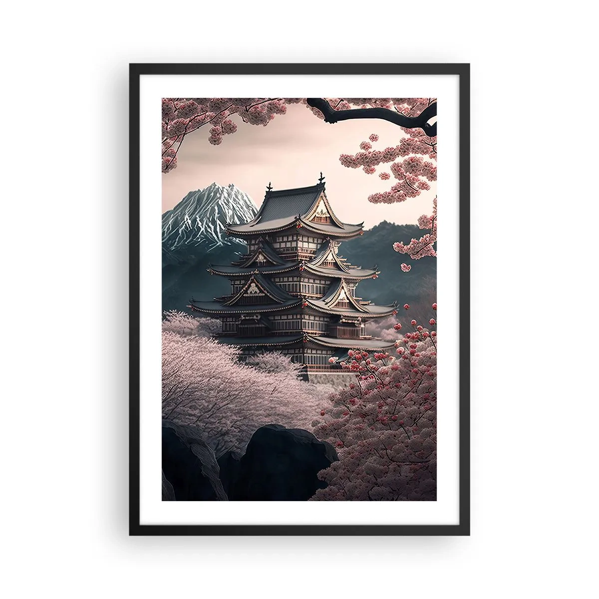 Plagát v čiernom ráme - Japonská pagoda medzi čerešňovými kvetmi - 50x70cm - Krajina kvitnúcich čerešní - Moderná nástenná dekorácia do obývacej izby a spálne ARTTOR