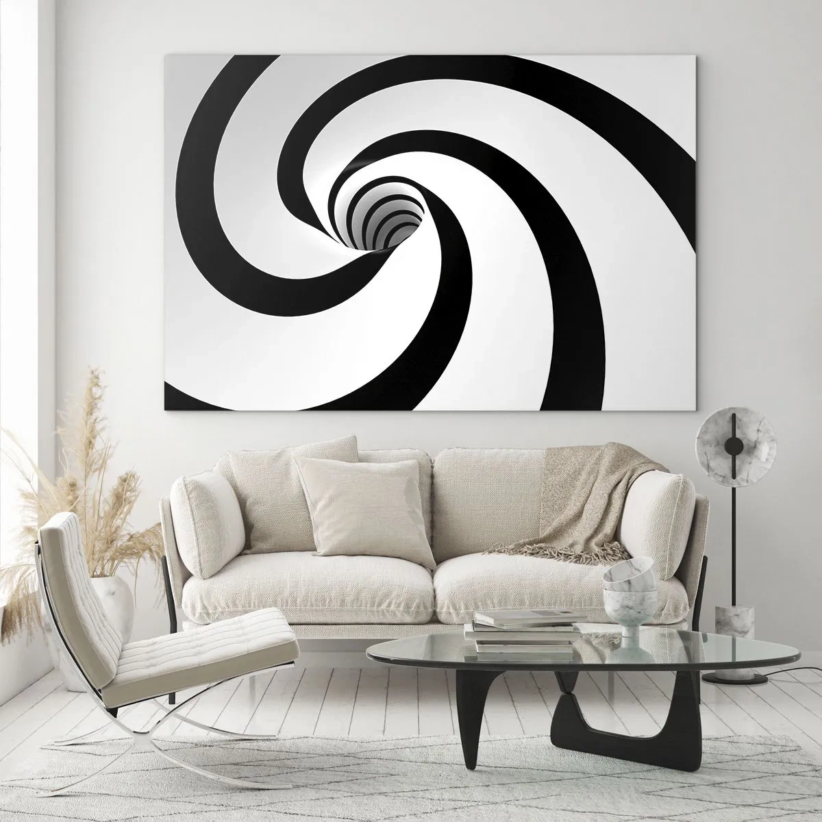 Obraz na skle - Hypnotický špirálový vzor v čiernej a bielej farbe - 70x50cm - Podľahnúť víru? - Moderná nástenná dekorácia do obývacej izby a spálne ARTTOR