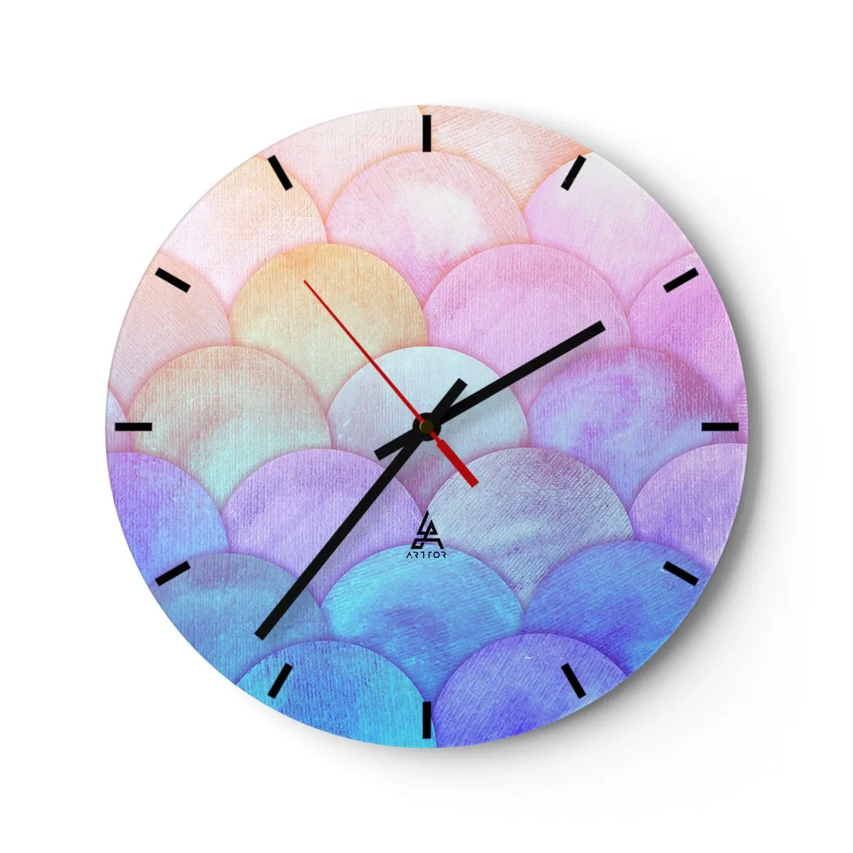 Nástenné hodiny - Polkruhové pastelové šupiny v odtieňoch ružovej, fialovej a modrej - 30x30cm - Perleťová šupina - Moderná nástenná dekorácia do obývacej izby, kuchyne a spálne ARTTOR