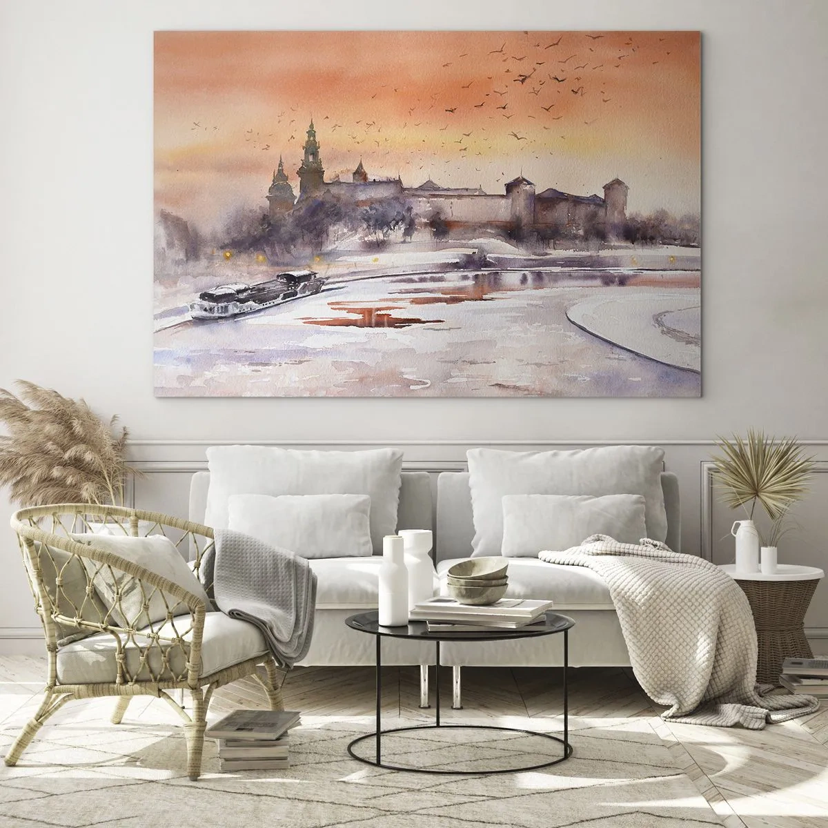 Obraz na skle - Západ slnka nad kráľovským hradom a riekou v zime - 70x50cm - Kráľovský západ slnka - Moderná nástenná dekorácia do obývacej izby a spálne ARTTOR