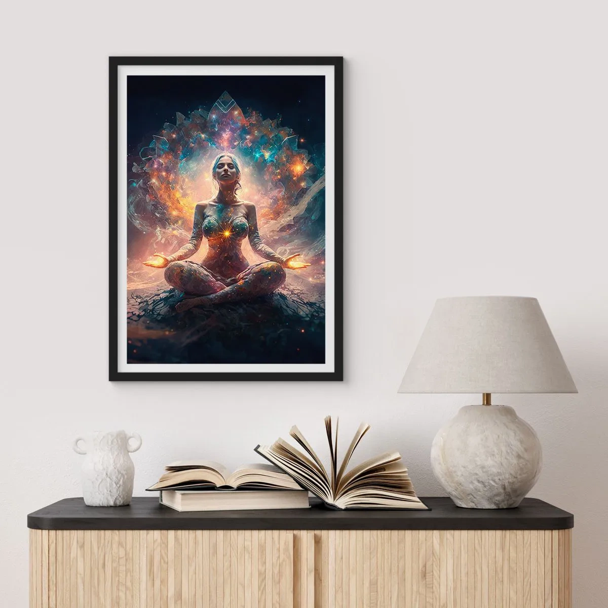 Plagát v čiernom ráme - Mystická meditácia obklopená kozmickou energiou - 50x70cm - Prúdenie dobrej energie - Moderná nástenná dekorácia do obývacej izby a spálne ARTTOR