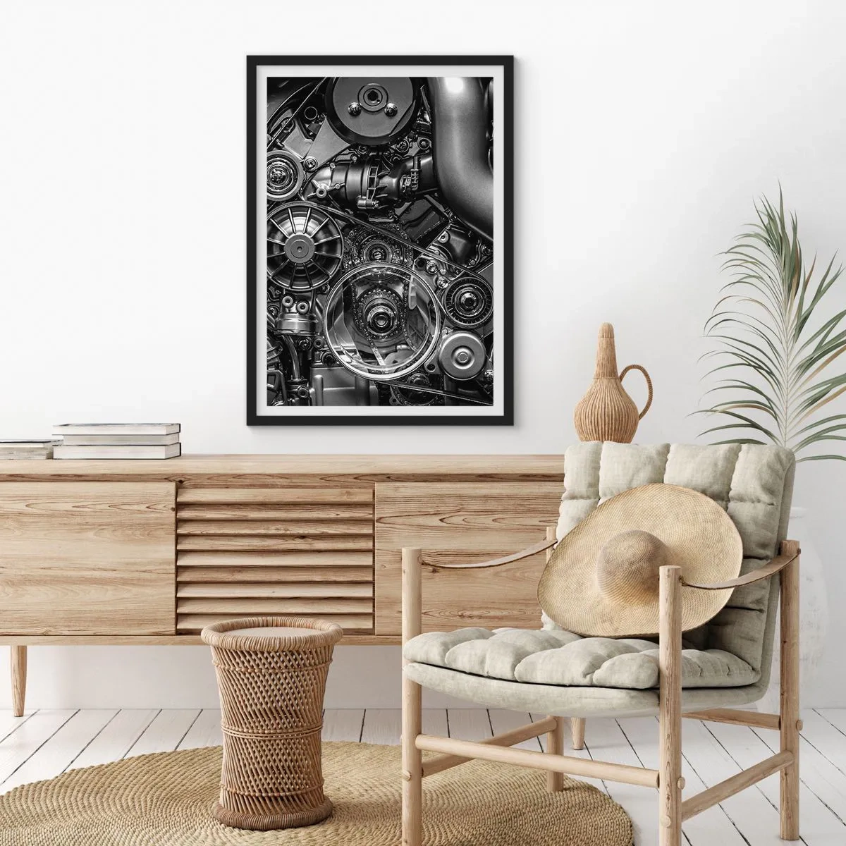 Plagát v čiernom ráme - Detailný záber mechanických komponentov motora v čiernobielej farbe - 50x70cm - Poézia mechaniky - Moderná nástenná dekorácia do obývacej izby a spálne ARTTOR