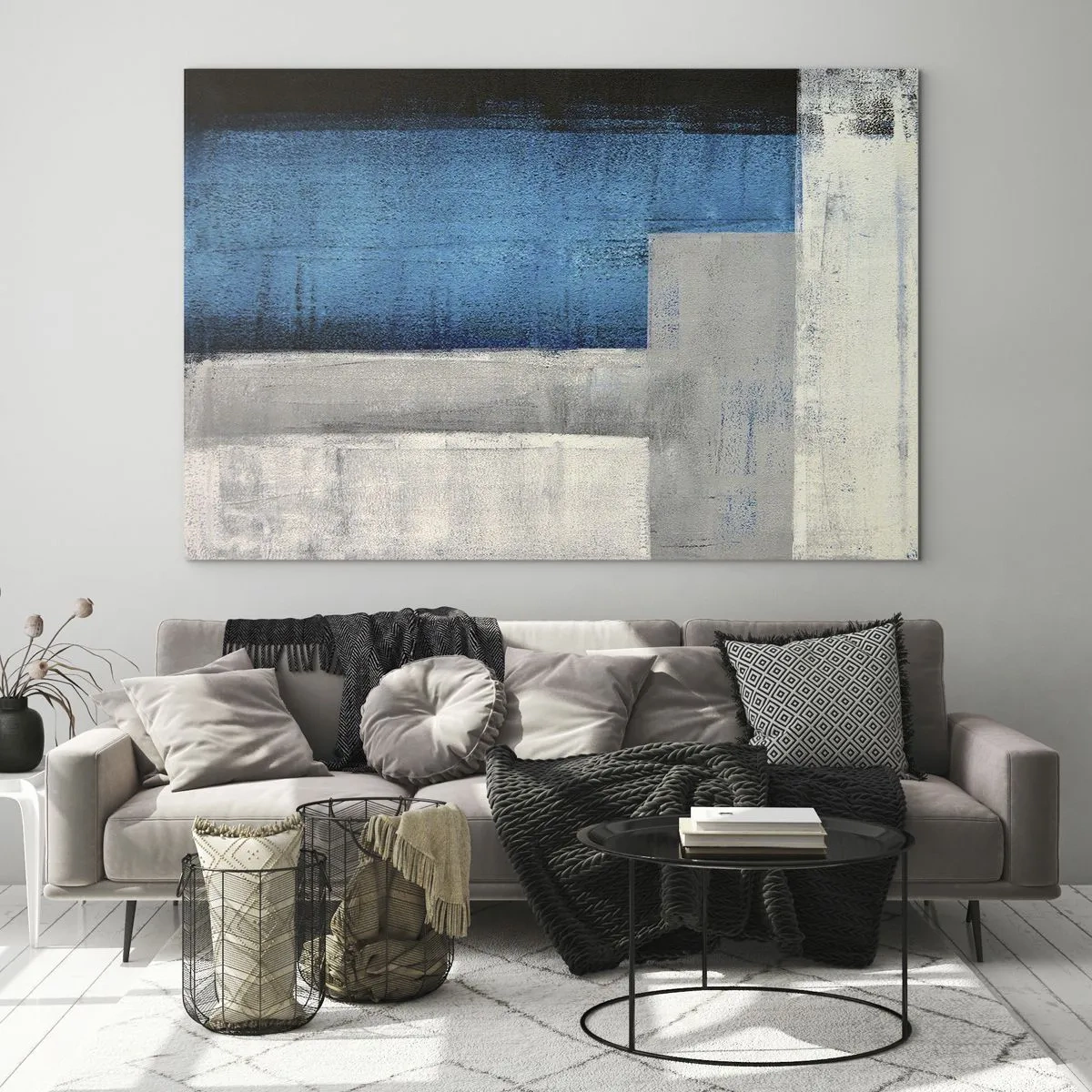 Obraz na skle - Geometrická abstrakcia v modrej, sivej a bielej farbe - 70x50cm - Poetická kompozícia šedej a modrej - Moderná nástenná dekorácia do obývacej izby a spálne ARTTOR