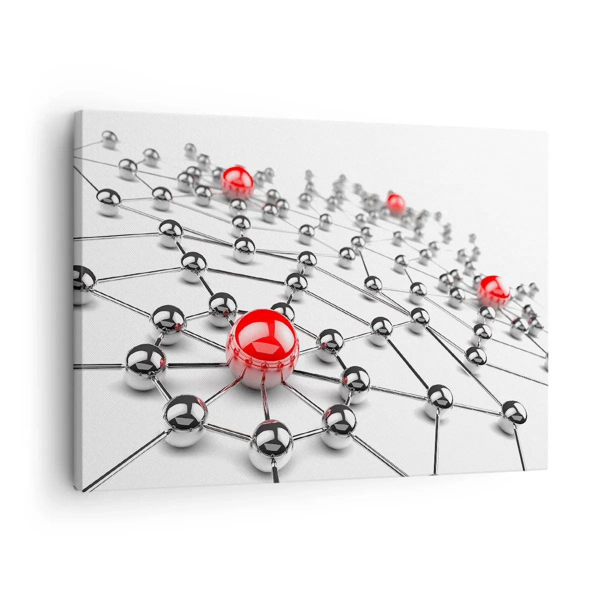 Obraz na plátne - Sieť kovových guličiek s červenými akcentmi - 70x50cm - Strieborná sieť - Moderná nástenná dekorácia do obývacej izby a spálne ARTTOR