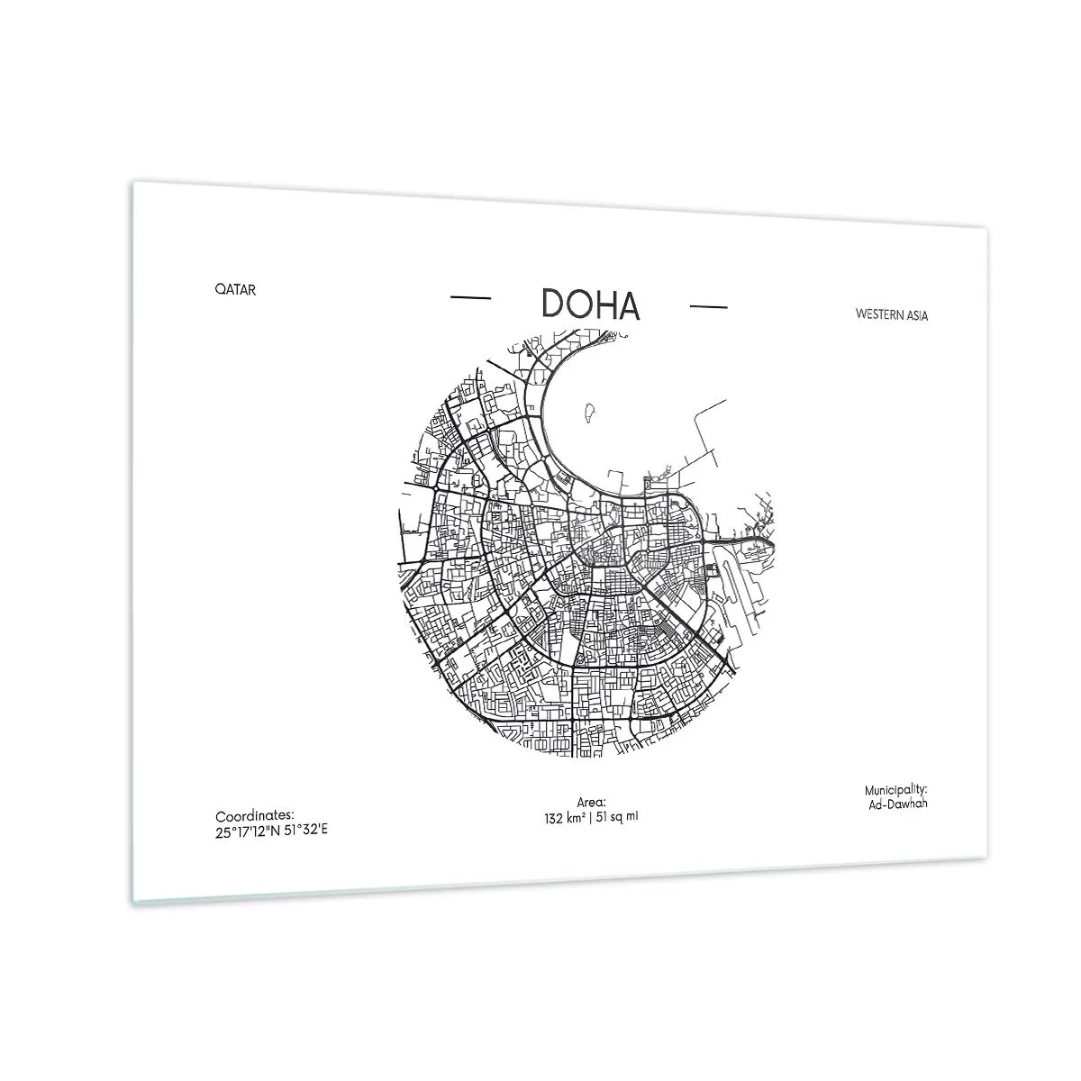 Obraz na skle - Grafická mapa Dauhy v čiernobielom minimalistickom štýle. - 70x50cm - Anatómia Dauhy - Moderná nástenná dekorácia do obývacej izby a spálne ARTTOR