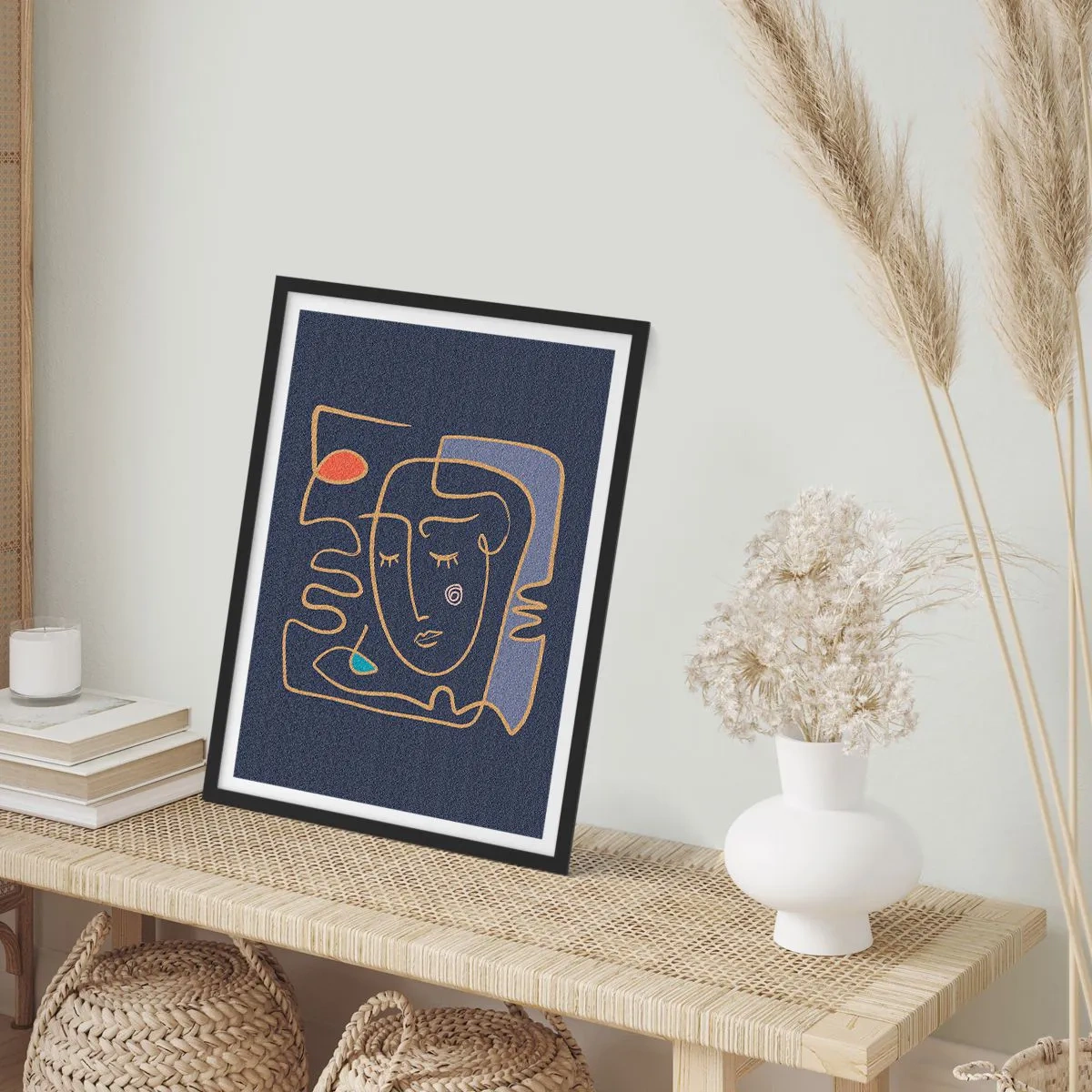 Plagát v čiernom ráme - Minimalistická abstraktná tvár na tmavomodrom pozadí v štýle linkovej grafiky - 50x70cm - V zádumčivosti - Moderná nástenná dekorácia do obývacej izby a spálne ARTTOR