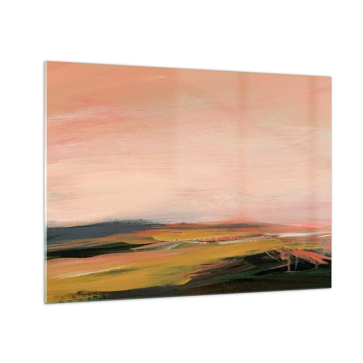 Obraz na skle - Abstraktná krajina v odtieňoch ružovej a sivozelenej. - 70x50cm - V ružových tónoch - Moderná nástenná dekorácia do obývacej izby a spálne ARTTOR