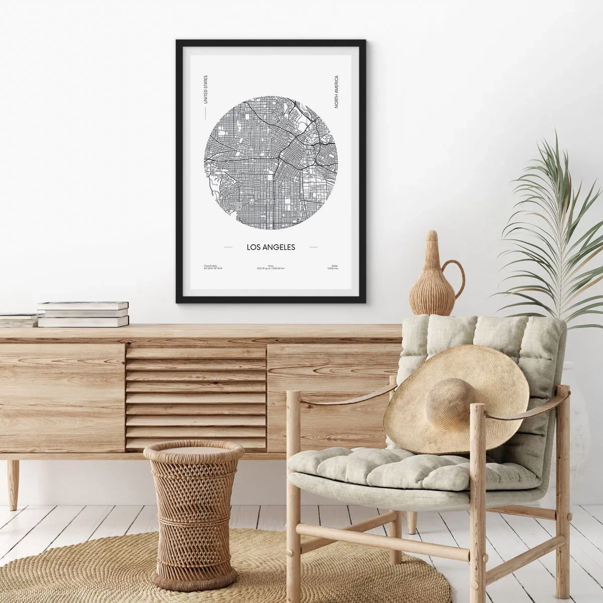 Plagát v čiernom ráme - Minimalistická mapa Los Angeles v čiernobielej farbe. - 50x70cm - Anatómia Los Angelesu - Moderná nástenná dekorácia do obývacej izby a spálne ARTTOR
