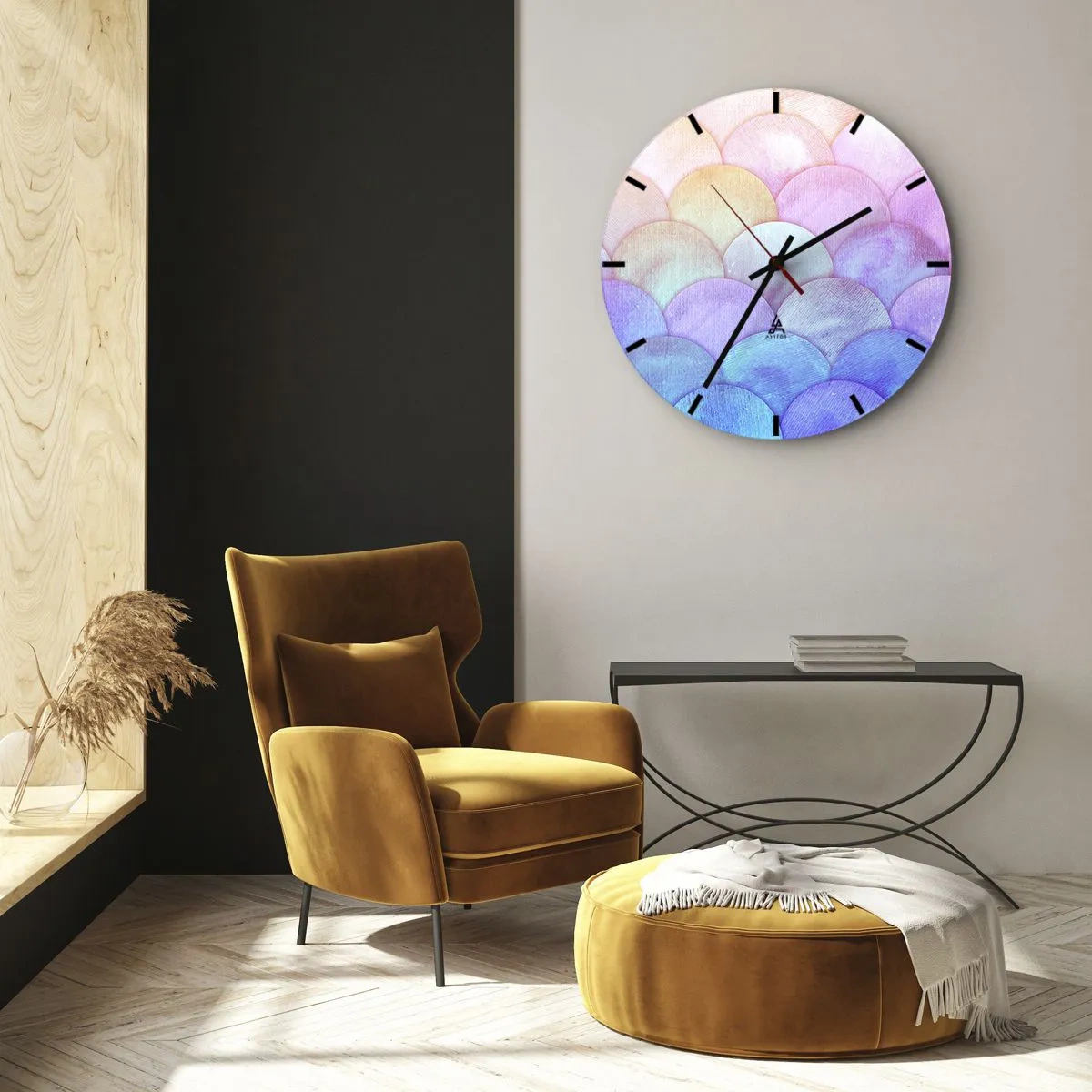 Nástenné hodiny - Polkruhové pastelové šupiny v odtieňoch ružovej, fialovej a modrej - 30x30cm - Perleťová šupina - Moderná nástenná dekorácia do obývacej izby, kuchyne a spálne ARTTOR