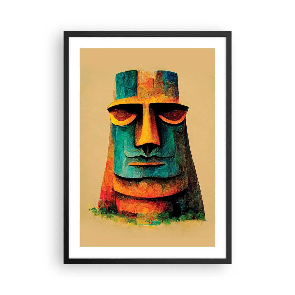 Plagát v čiernom ráme - Farebná interpretácia sochy Moai na béžovom pozadí - 50x70cm - Sošný, ale sympatický - Moderná nástenná dekorácia do obývacej izby a spálne ARTTOR