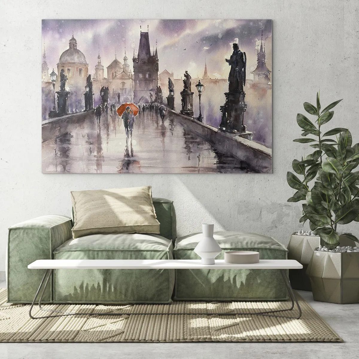 Obraz na skle - Prechádzka v daždi po moste s oranžovým dáždnikom - 70x50cm - Ľudia sa nemenia - Moderná nástenná dekorácia do obývacej izby a spálne ARTTOR