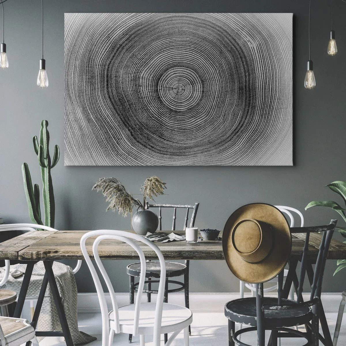 Obraz na plátne - Čiernobiely vzor letokruhov zobrazujúci prierez kmeňa - 70x50cm - Znamenie doby - Moderná nástenná dekorácia do obývacej izby a spálne ARTTOR