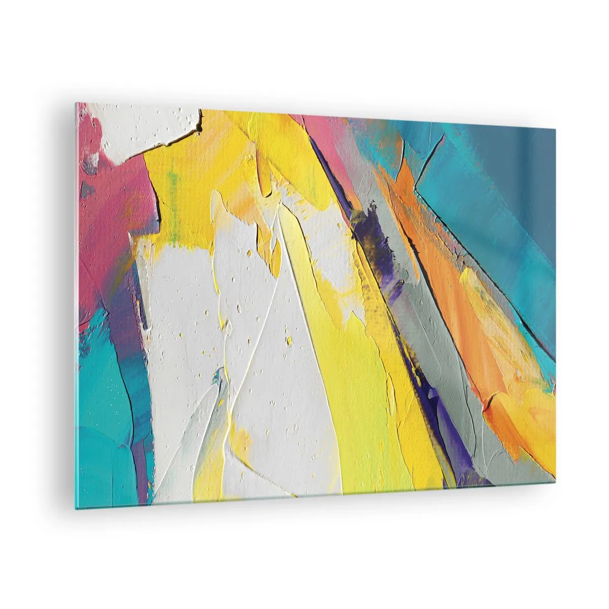Obraz na skle - Abstraktné ťahy štetcom v žltej, modrej a bielej farbe - 70x50cm - Anatómia svetla - Moderná nástenná dekorácia do obývacej izby a spálne ARTTOR