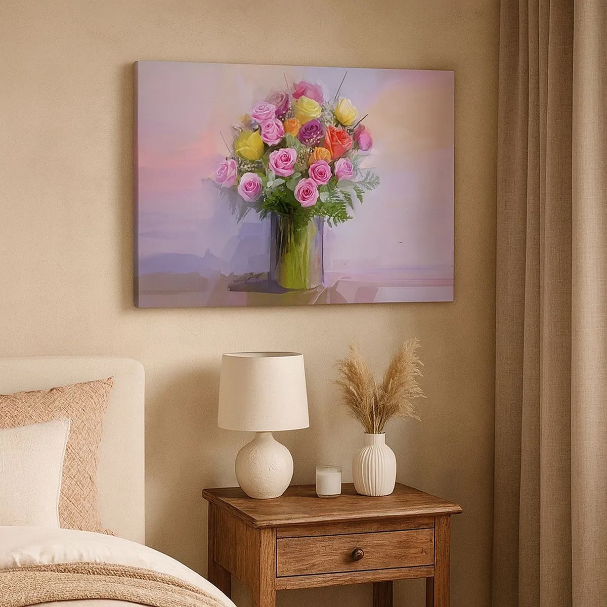 Obraz na plátne - Kytica farebných ruží v sklenenej váze - 70x50cm - Zachytená krása - Moderná nástenná dekorácia do obývacej izby a spálne ARTTOR