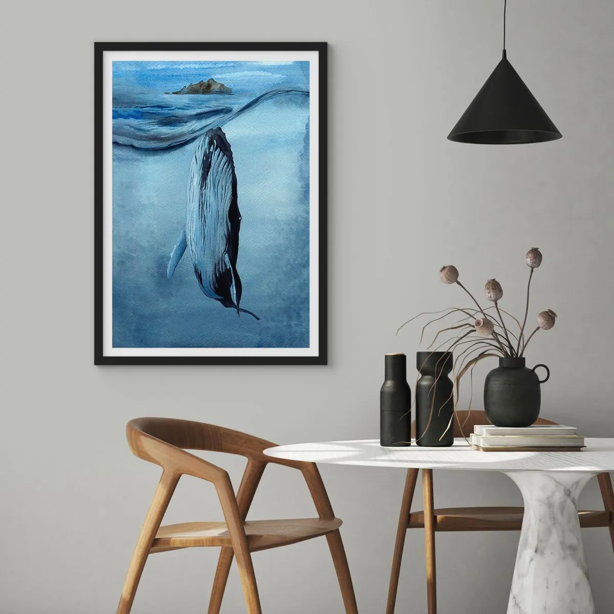 Plagát v čiernom ráme - Veľryba pod hladinou oceánu - 50x70cm - Dva svety severu - Moderná nástenná dekorácia do obývacej izby a spálne ARTTOR
