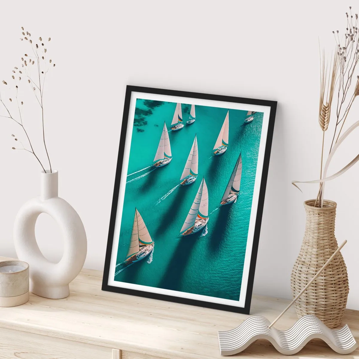Plagát v čiernom ráme - Jachtárska regata na tyrkysovej vode - 50x70cm - Zápasenie s vetrom - Moderná nástenná dekorácia do obývacej izby a spálne ARTTOR