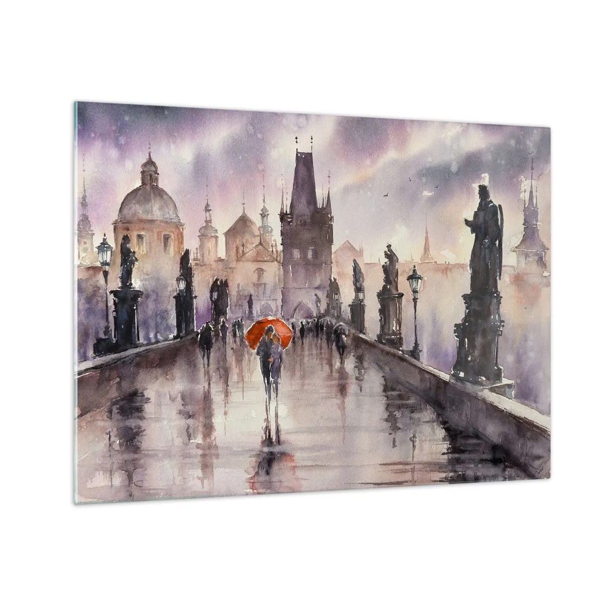 Obraz na skle - Prechádzka v daždi po moste s oranžovým dáždnikom - 70x50cm - Ľudia sa nemenia - Moderná nástenná dekorácia do obývacej izby a spálne ARTTOR