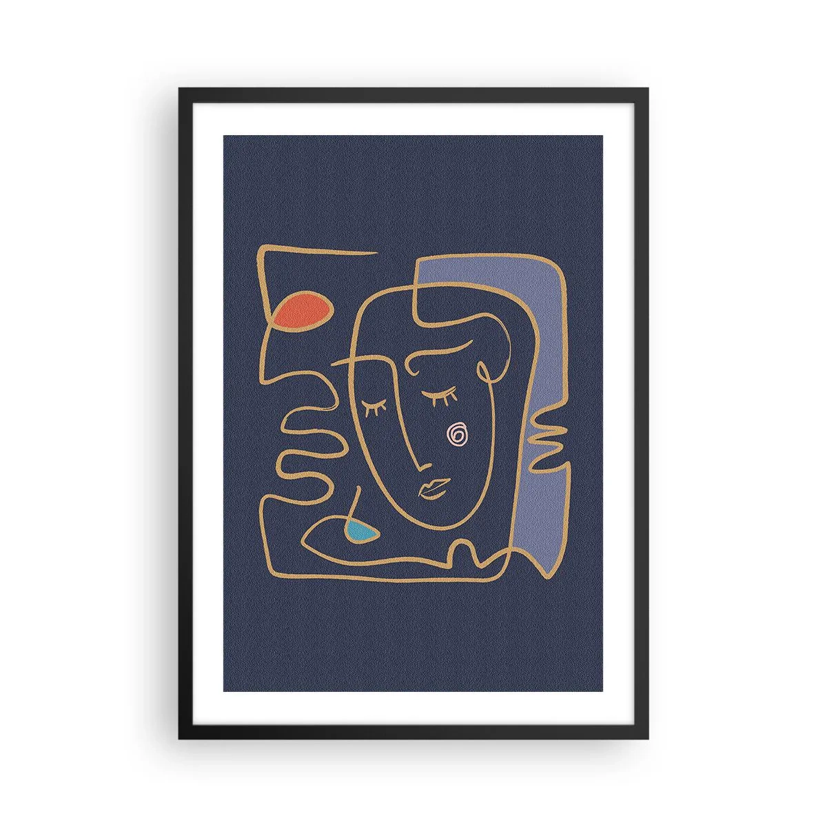 Plagát v čiernom ráme - Minimalistická abstraktná tvár na tmavomodrom pozadí v štýle linkovej grafiky - 50x70cm - V zádumčivosti - Moderná nástenná dekorácia do obývacej izby a spálne ARTTOR