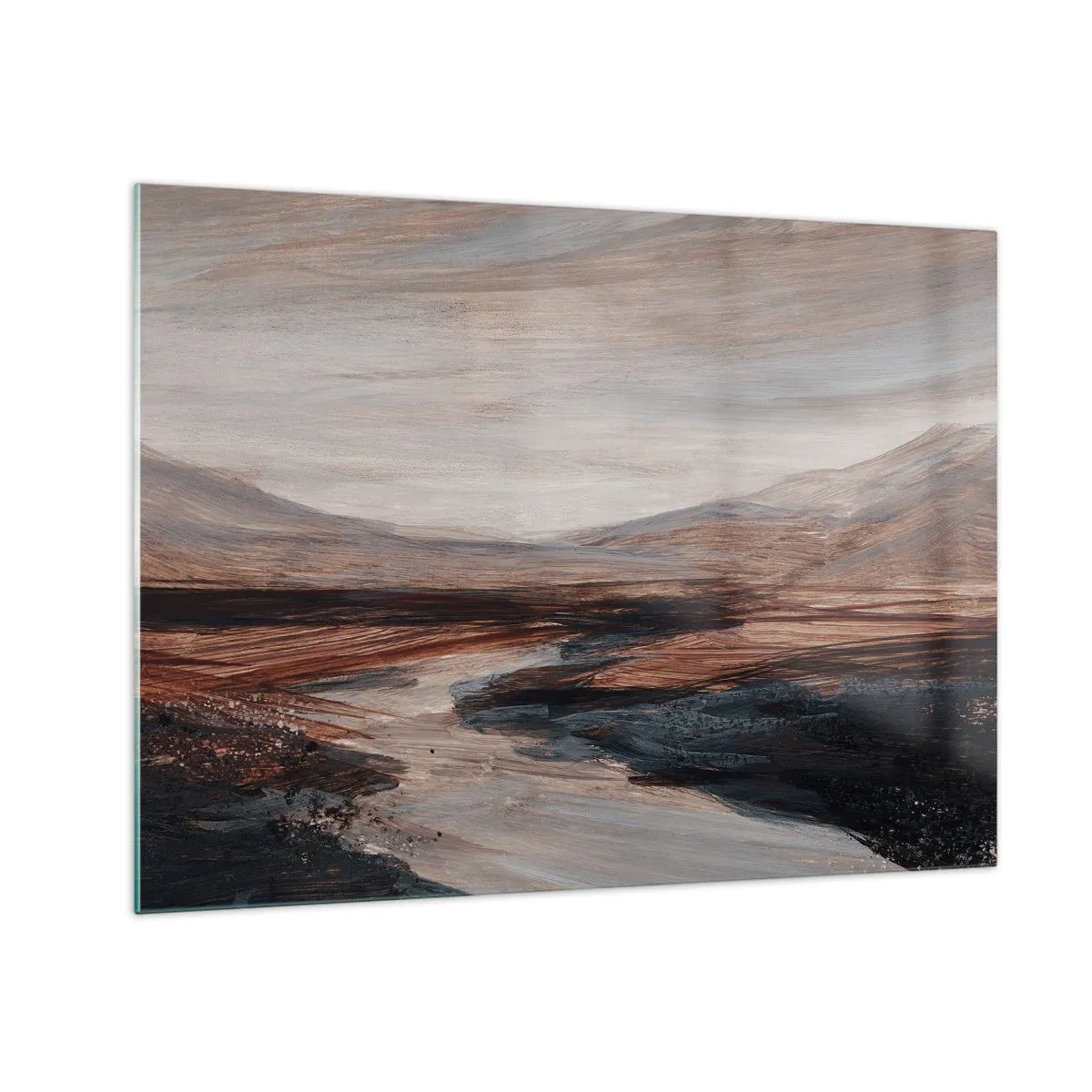 Obraz na skle - Malebné údolie s riekou v odtieňoch hnedej a modrej - 70x50cm - Pokojné údolie - Moderná nástenná dekorácia do obývacej izby a spálne ARTTOR