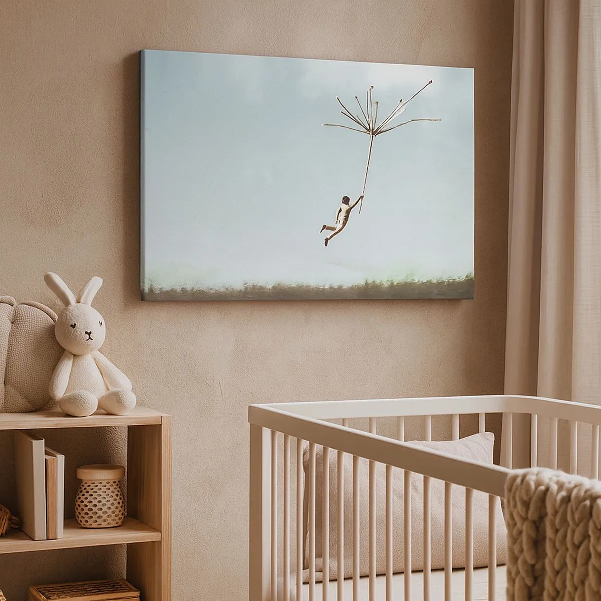 Obraz na plátne - Postava zdvihnutá veľkým semenom púpavy - 70x50cm - Lietajúca púpava - Moderná nástenná dekorácia do obývacej izby a spálne ARTTOR