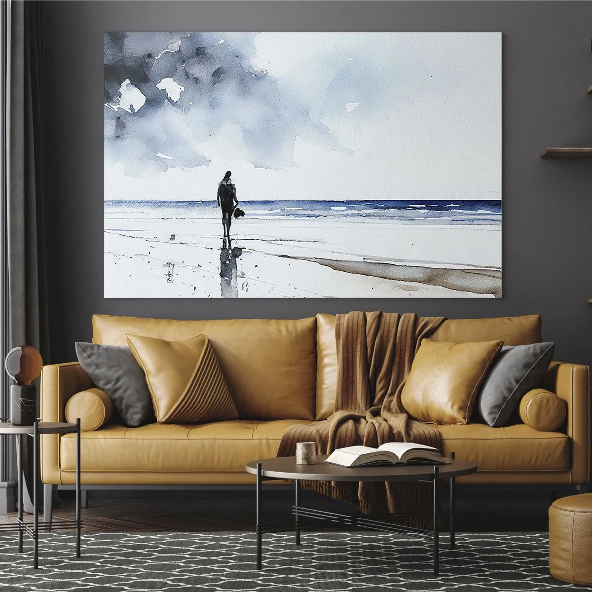 Obraz na skle - Silueta osoby na brehu mora v jemnom akvarelovom štýle - 70x50cm - Rozhovor s morom - Moderná nástenná dekorácia do obývacej izby a spálne ARTTOR