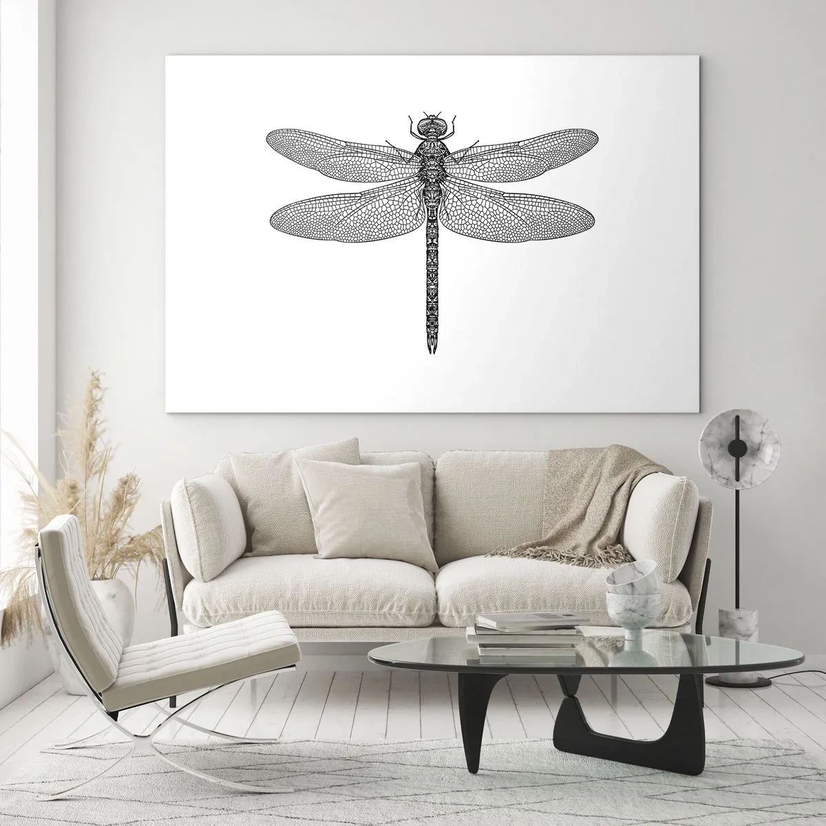 Obraz na skle - Detailná ilustrácia vážky v rytom štýle na bielom pozadí - 70x50cm - Presnosť prírody - Moderná nástenná dekorácia do obývacej izby a spálne ARTTOR