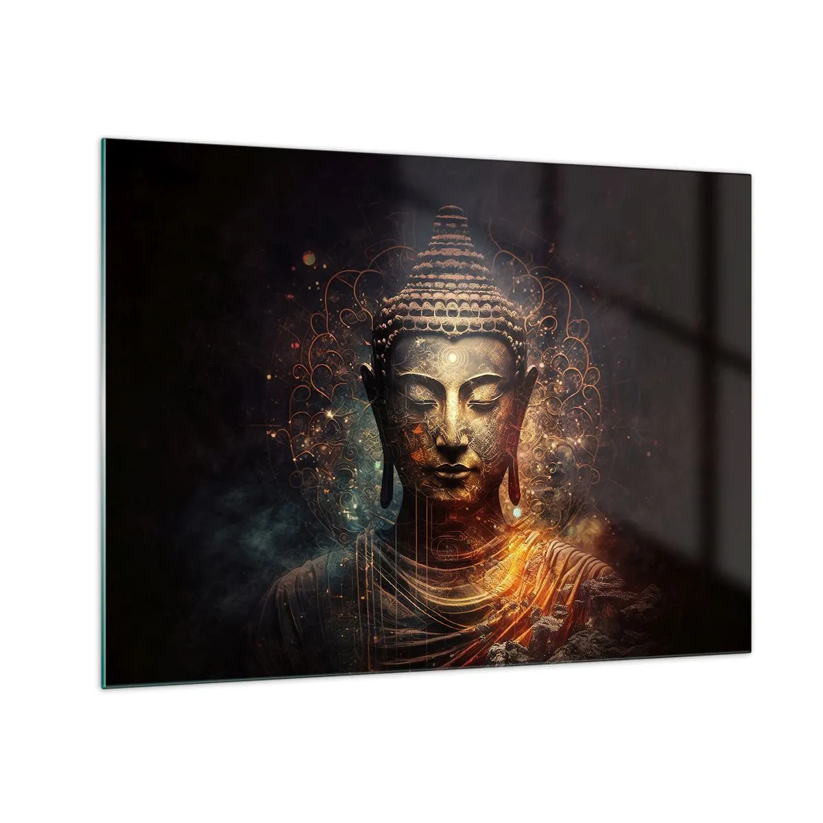 Obraz na skle - Zlatá postava Budhu na tmavom pozadí s ornamentami - 70x50cm - Duchovná rovnováha - Moderná nástenná dekorácia do obývacej izby a spálne ARTTOR
