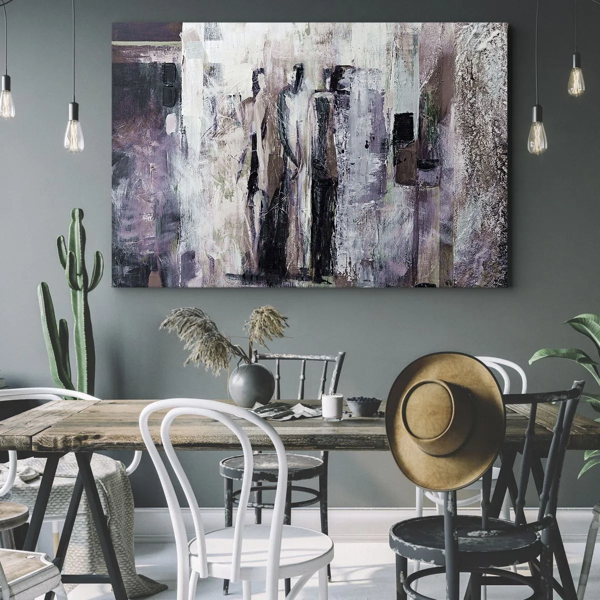 Obraz na plátne - Abstraktná kompozícia s tromi postavami v pastelových farbách. - 70x50cm - Tajomná trojica - Moderná nástenná dekorácia do obývacej izby a spálne ARTTOR