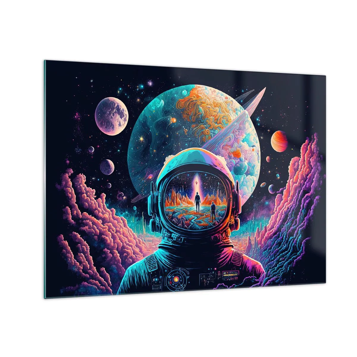 Obraz na skle - Vesmírna krajina s astronautom a surrealistickou planétou. - 70x50cm - Filozofom sa to ani nesnívalo - Moderná nástenná dekorácia do obývacej izby a spálne ARTTOR
