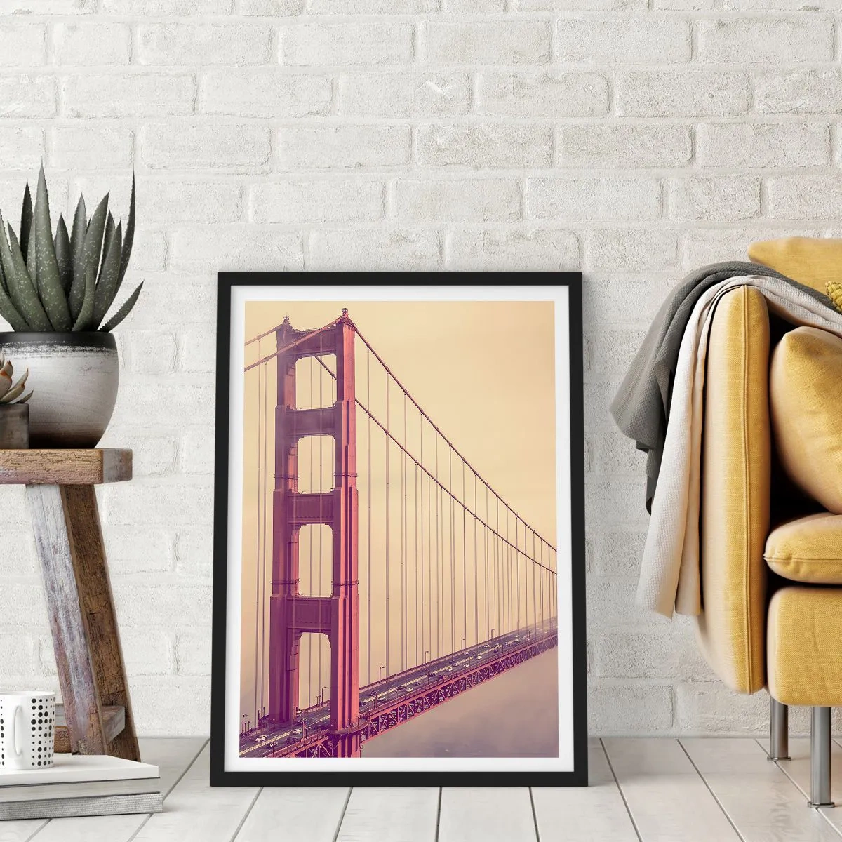 Plagát v čiernom ráme - Most Golden Gate vo vintage hmle - 50x70cm - Medzi nebom a zemou - Moderná nástenná dekorácia do obývacej izby a spálne ARTTOR