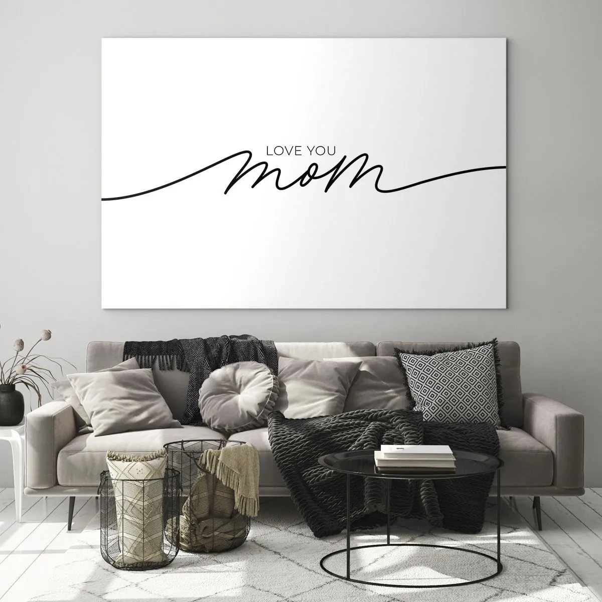 Obraz na skle - Minimalistický nápis Love You Mom v čiernej farbe na bielom podklade - 70x50cm - Veľké dojatie - Moderná nástenná dekorácia do obývacej izby a spálne ARTTOR