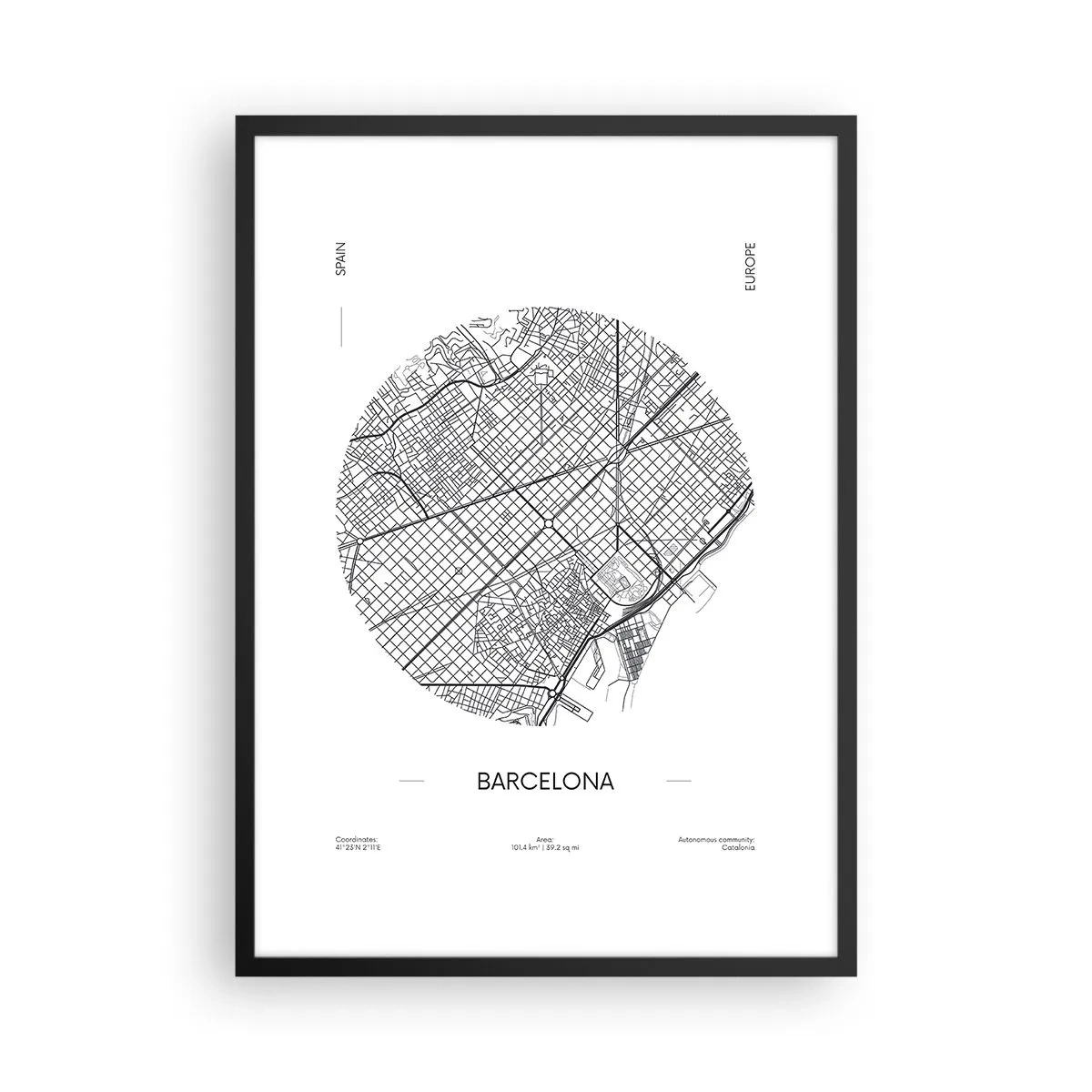 Plagát v čiernom ráme - Minimalistická mapa Barcelony v čiernobielej farbe. - 50x70cm - Anatómia Barcelony - Moderná nástenná dekorácia do obývacej izby a spálne ARTTOR